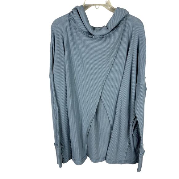 Free People Lagenlook Blue Split Back Cowl Neck Waffle Knit Thermal L - Picture 2 of 4